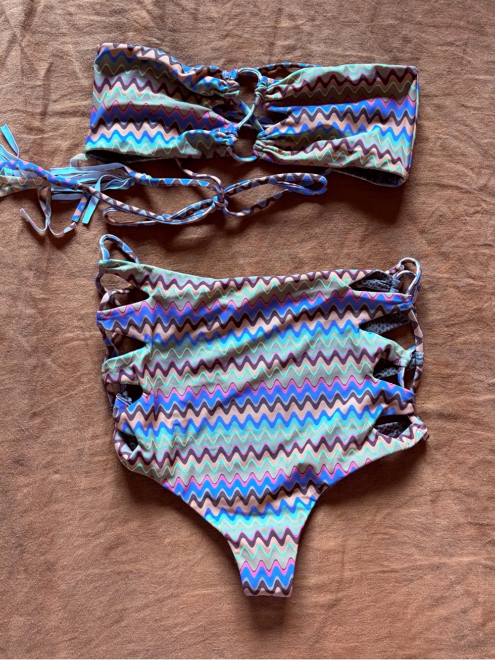 acacia swimwear Multicolor Zigzag Bandeau Bikini — Pink, Purple, Teal, Brown